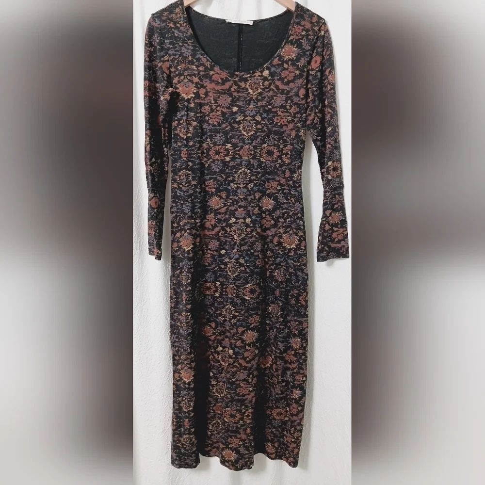 PeruvianConnection Dynasty Floral Black Jersey Scoop Neck Long Sleeves Midi Sz S